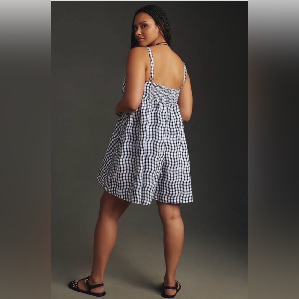 Maeve Anthropologie Sleeveless Babydoll Gingham Romper Blue Sz XLP - Picture 8 of 9